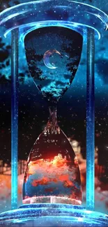 Cosmic hourglass with glowing blue hues set against a starry night sky.