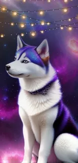 Husky dog with neon glow in a cosmic background featuring stars and galaxies.