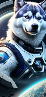 Husky dog in a space suit with cosmic background.