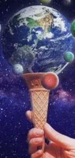 Hand holding an ice cream cone with Earth and planets in space.