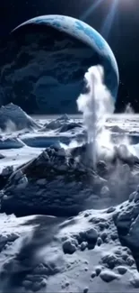 Cosmic landscape with icy craters and distant planet.