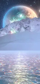 Icy mountain with cosmic sky and glowing planet reflection.