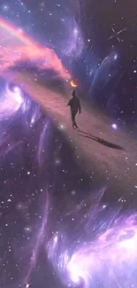 Surreal cosmic night walk through space with purple celestial effects.