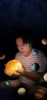 Person holding glowing planets in starry sky wallpaper.