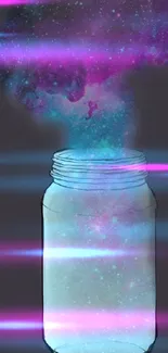 A mystical jar emitting a vibrant, cosmic nebula glow on a dark background.