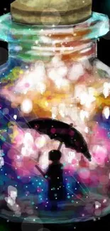 Fantasy cosmic jar with umbrella silhouette mobile wallpaper.