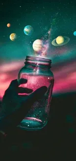 Cosmic jar releasing colorful planets into a starry sky.