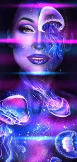 Woman with vibrant cosmic jellyfish art on her body, in neon and purple hues.