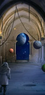 Woman in cloak walks in a gothic corridor with floating planets.