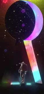 Astronaut walking through a colorful, cosmic keyhole with stars.