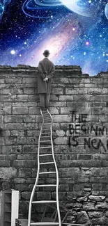 Man on wall looking at cosmic space with graffiti message.