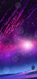 Purple galaxy mobile wallpaper with stars and distant figure.