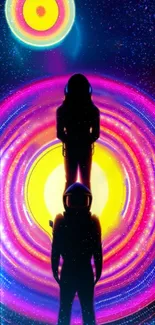 Silhouetted astronauts with neon rings cosmic wallpaper design.