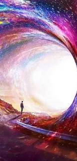 Vibrant cosmic vortex wallpaper with lone traveler on road.