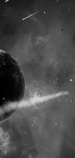 Dark planet and asteroids in a cosmic space scene.