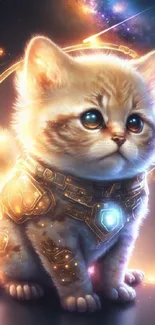 Cute cosmic kitten in space-themed fantasy setting.