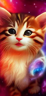 Cute kitten in a colorful cosmic background with vibrant galaxy elements.