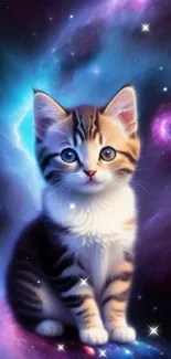 Cute kitten sits in a colorful galaxy background with stars.