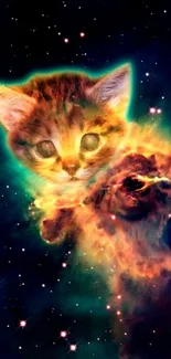 Kitten face blending with nebula clouds in a galaxy wallpaper scene.