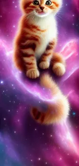 Adorable kitten in a cosmic galaxy setting with vibrant purple hues.