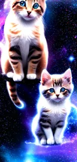 Cosmic kittens with glowing blue eyes in a galaxy-themed wallpaper.