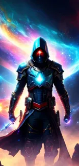 Futuristic knight in glowing space scene.