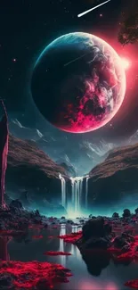 Cosmic fantasy landscape with neon colors and serene waterfall.