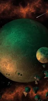 Green planets set against a cosmic nebula backdrop.