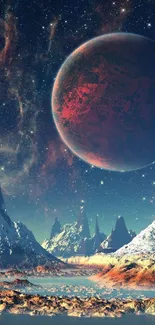 Cosmic landscape wallpaper with planets and starry sky.