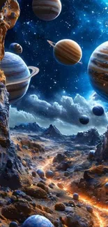 A cosmic landscape with planets and stars in space.