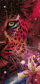 A leopard with flowers in a cosmic, starry setting on mobile wallpaper.