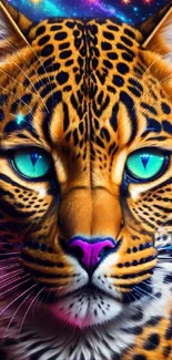 A cosmic-themed leopard with blue eyes.