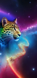 Leopard head blending into a colorful cosmic nebula on mobile wallpaper.