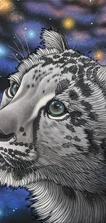 Illustrated leopard with cosmic galaxy background in vibrant colors.