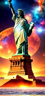 Statue of Liberty amidst cosmic scene with vibrant colors and celestial background.