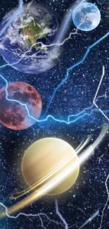 Dynamic cosmic wallpaper with planets and lightning.