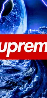 Electric blue cosmic wallpaper with Supreme logo and vivid lightning.