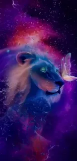 Digital art of a lion with a butterfly in a cosmic galaxy background.