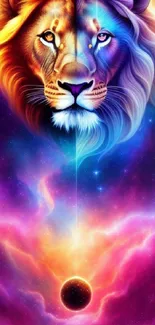 Colorful cosmic lion with galaxy backdrop.