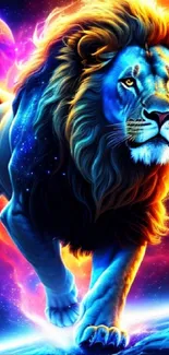 Illustrated cosmic lion in vibrant colors, set against a celestial backdrop.