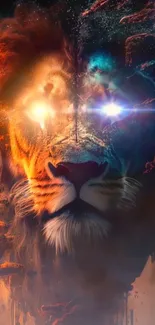 Majestic cosmic lion in vibrant colors, fantasy art wallpaper.