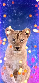 Lion cub with colorful cosmic galaxy background and floating orbs.