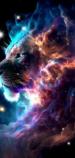 Vibrant cosmic lion with glowing galaxy mane.