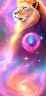 Majestic lion in cosmic galaxy with vibrant colors and swirling patterns.