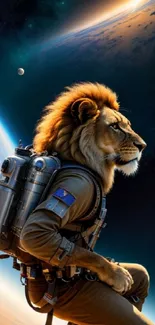 Lion astronaut explores the cosmos, showcasing majestic space scenery.