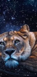 Majestic lion resting beneath a vibrant, starry night sky wallpaper.