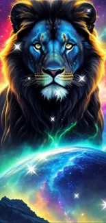 Majestic neon lion with cosmic backdrop.