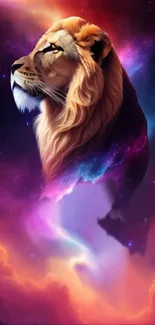 Lion in galaxy-themed, colorful cosmic background wallpaper.