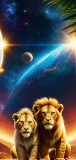 Majestic lions with cosmic space backdrop, vibrant galaxy view.