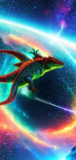 Vibrant cosmic lizard with colorful nebula background.